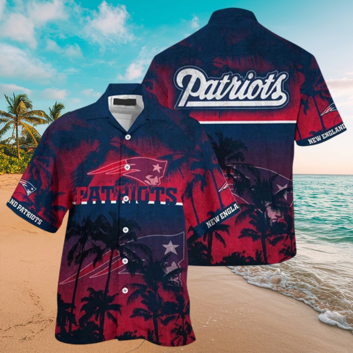 New England Patriots Hawaiian Shirt Tropical Palm Tree Sunset Ocean Button-Down