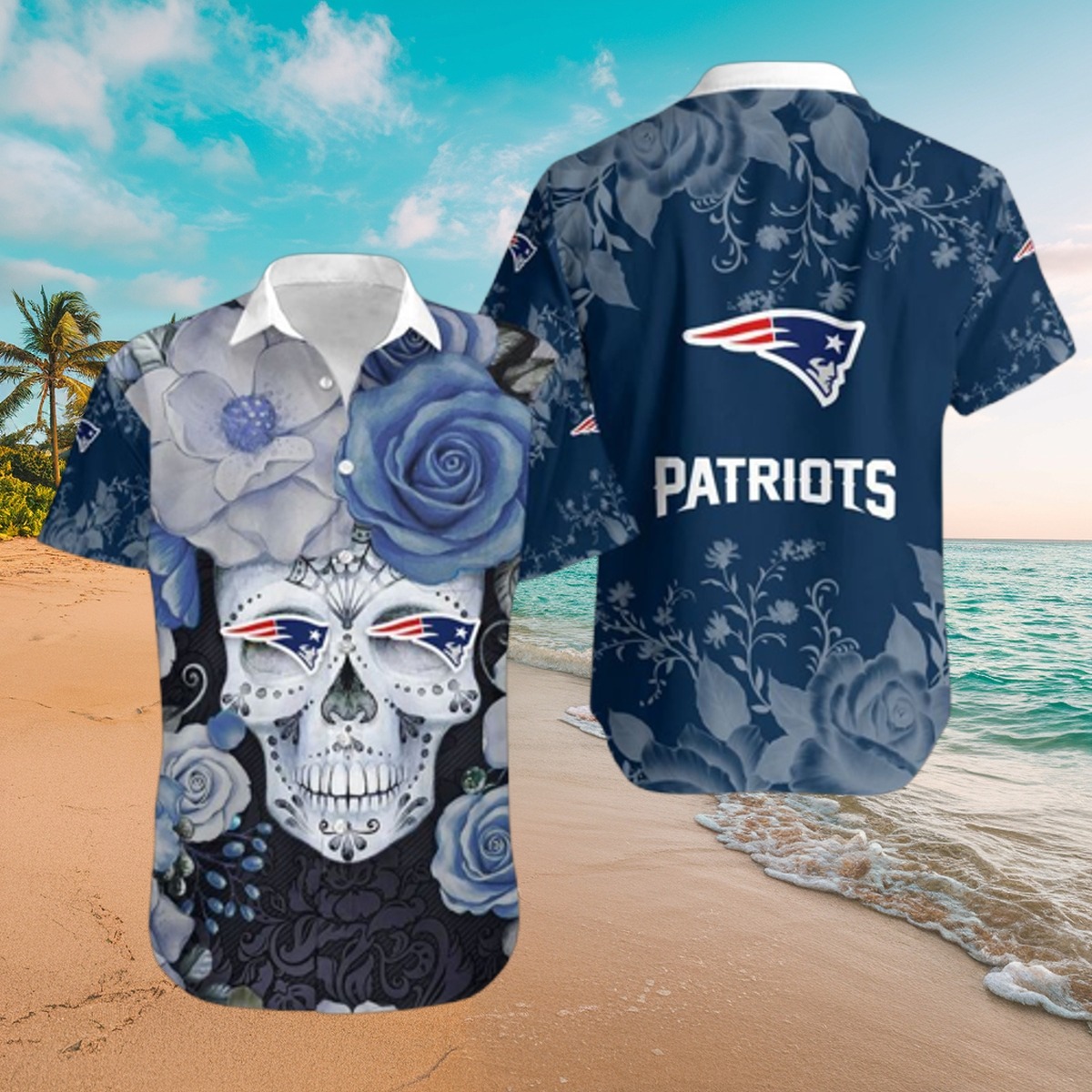 New England Patriots NFL Hawaiian Shirt with Sugar Skull and Blue Floral Print Button-Down