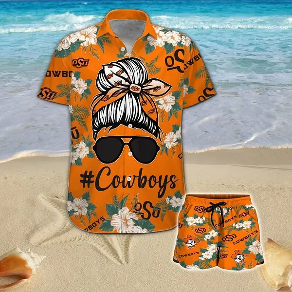 Orange OSU Cowboys Messy Bun Aloha Shirt Shorts Set