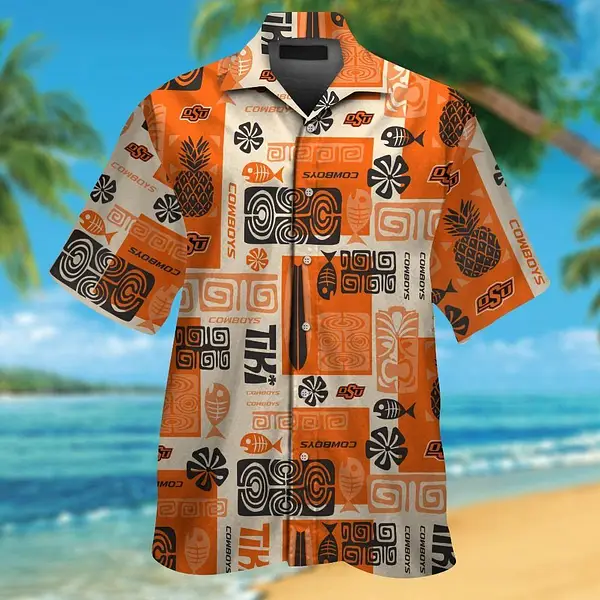 Orange Tropical Tiki Patterned Button-Up Shirt