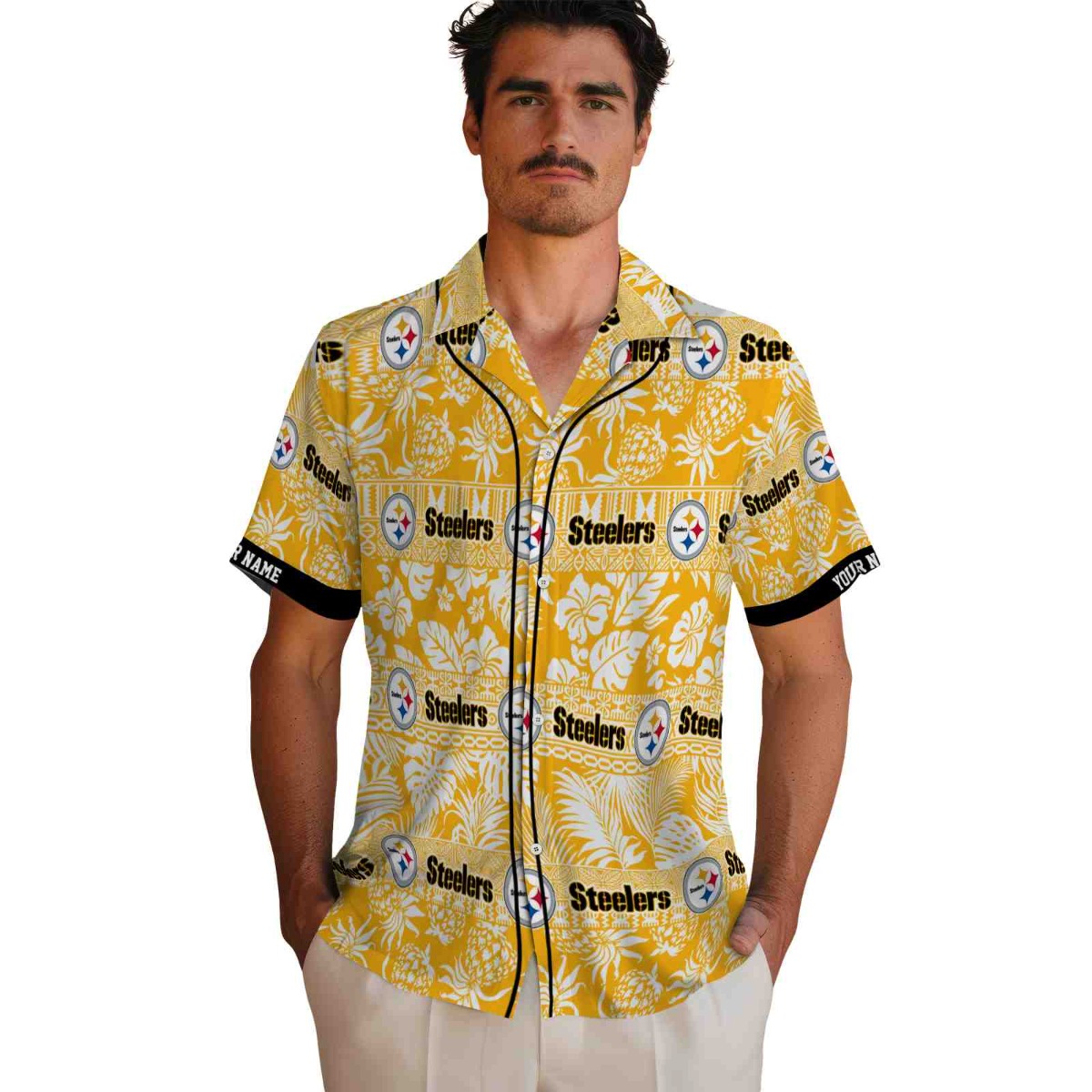 Personalized Pittsburgh Steelers Unisex Hawaiian Shirt - Gold White Tropical Print, Tribal Stripe Bands, Pineapple Palm Design - Casual Button Down for Summer
