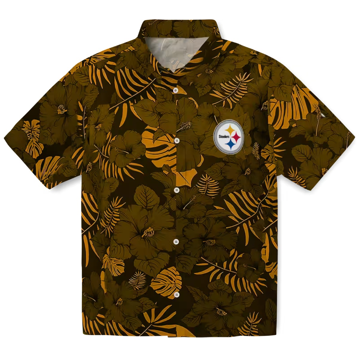 Pittsburgh Steelers Gold Tropical Floral Leaf Pattern Hawaiian Shirt - Unisex Short Sleeve Button-Down