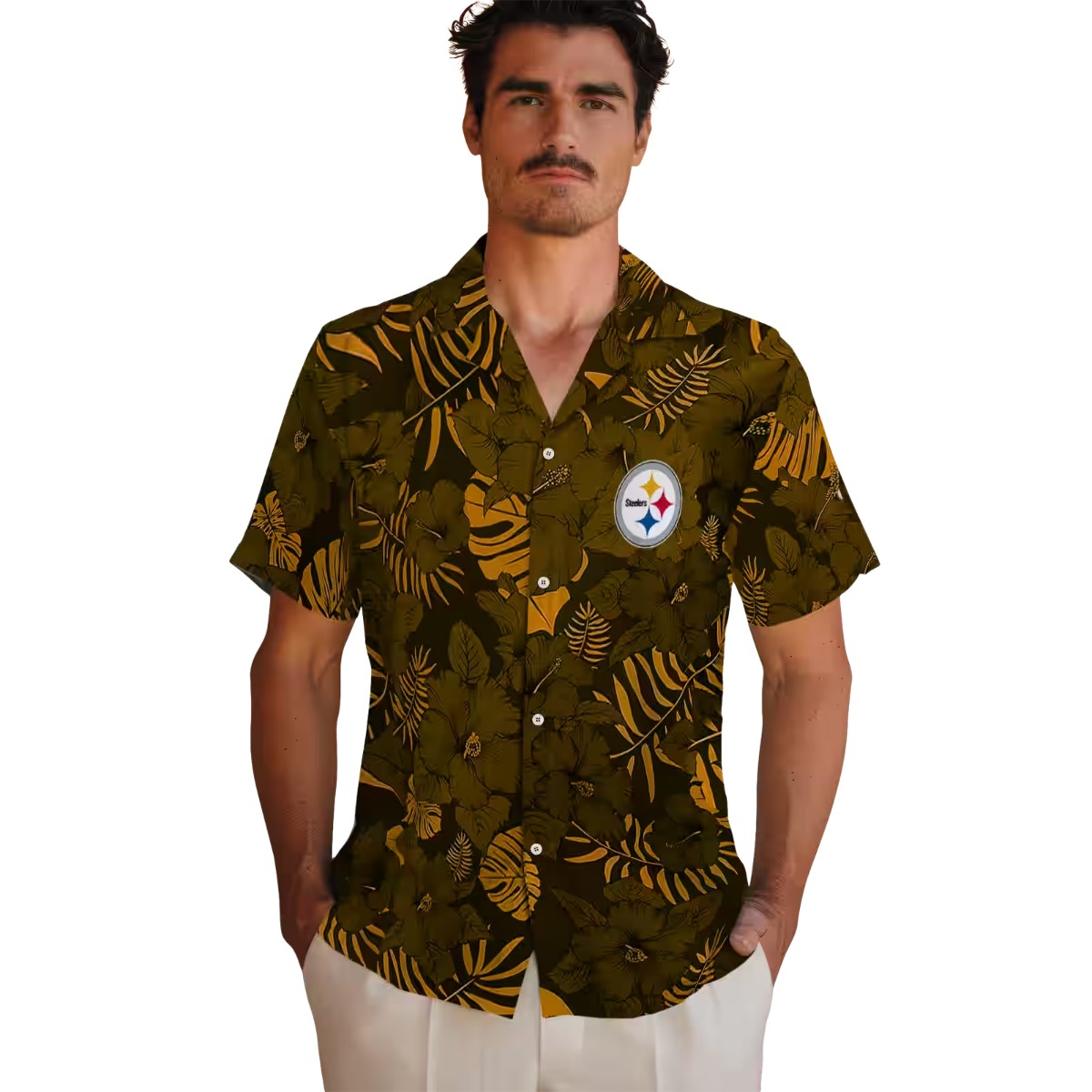 Pittsburgh Steelers Gold Tropical Floral Leaf Pattern Hawaiian Shirt - Unisex Short Sleeve Button-Down