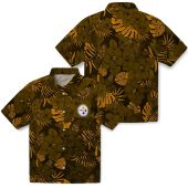 Pittsburgh Steelers Gold Tropical Floral Leaf Pattern Hawaiian Shirt Unisex Short Sleeve Button Down 3 Dprdw.jpg - sohemix