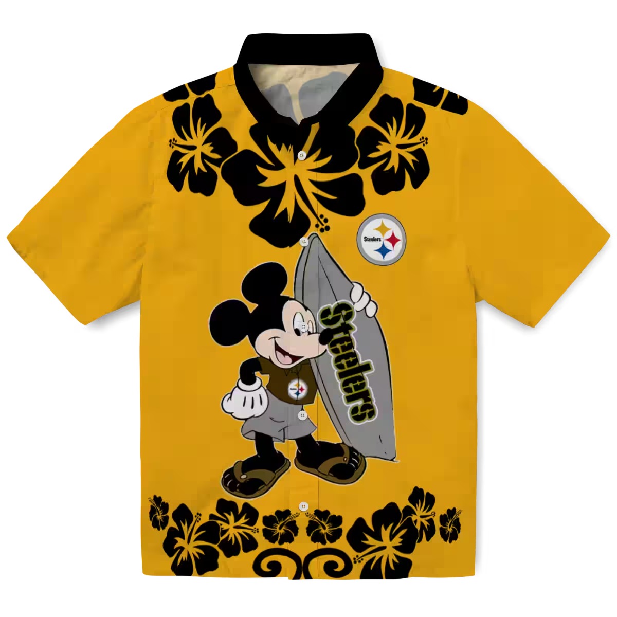 Pittsburgh Steelers Surfing Mickey Mouse Hawaiian Shirt with Tropical Floral Print - Gold Unisex Casual Button-Down
