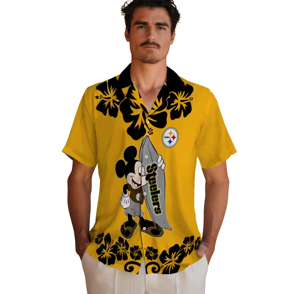 Pittsburgh Steelers Surfing Mickey Mouse Hawaiian Shirt with Tropical Floral Print - Gold Unisex Casual Button-Down