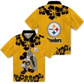 Pittsburgh Steelers Surfing Mickey Mouse Hawaiian Shirt With Tropical Floral Print Gold Unisex Casual Button Down 3 Dy1sw.jpg - sohemix