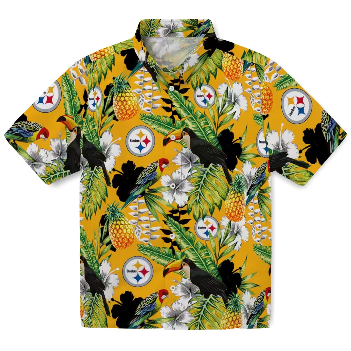 Pittsburgh Steelers Tropical Hawaiian Shirt with Toucan Pineapple Print - Unisex Gold Yellow Button-Down