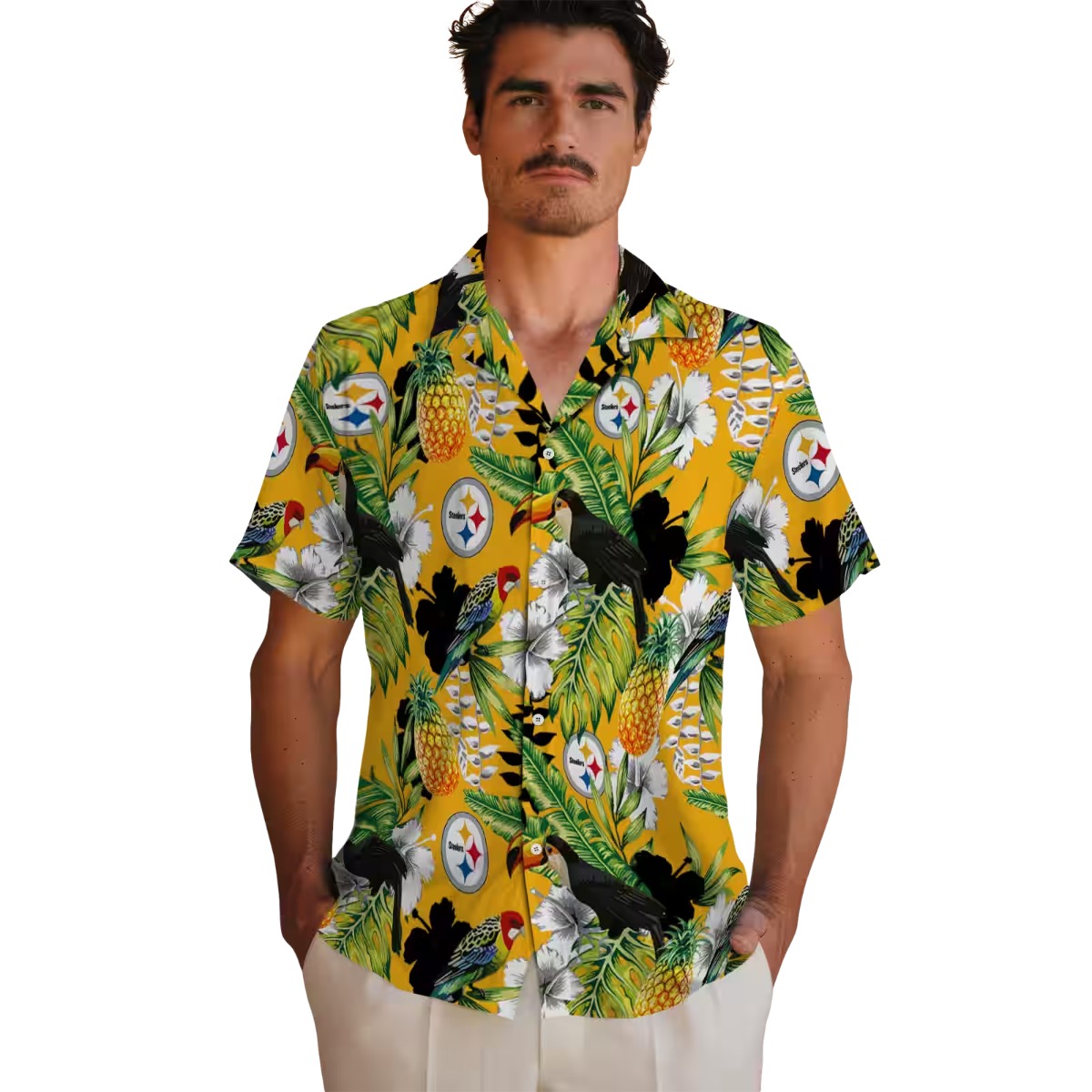 Pittsburgh Steelers Tropical Hawaiian Shirt with Toucan Pineapple Print - Unisex Gold Yellow Button-Down