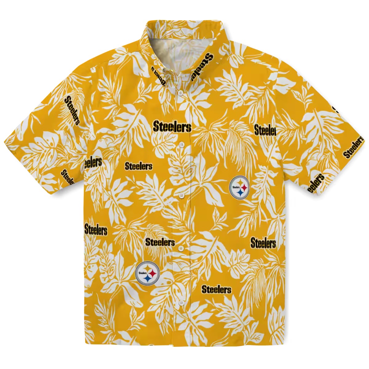 Pittsburgh Steelers Tropical Leaf Gold White Hawaiian Button-Down Shirt Unisex