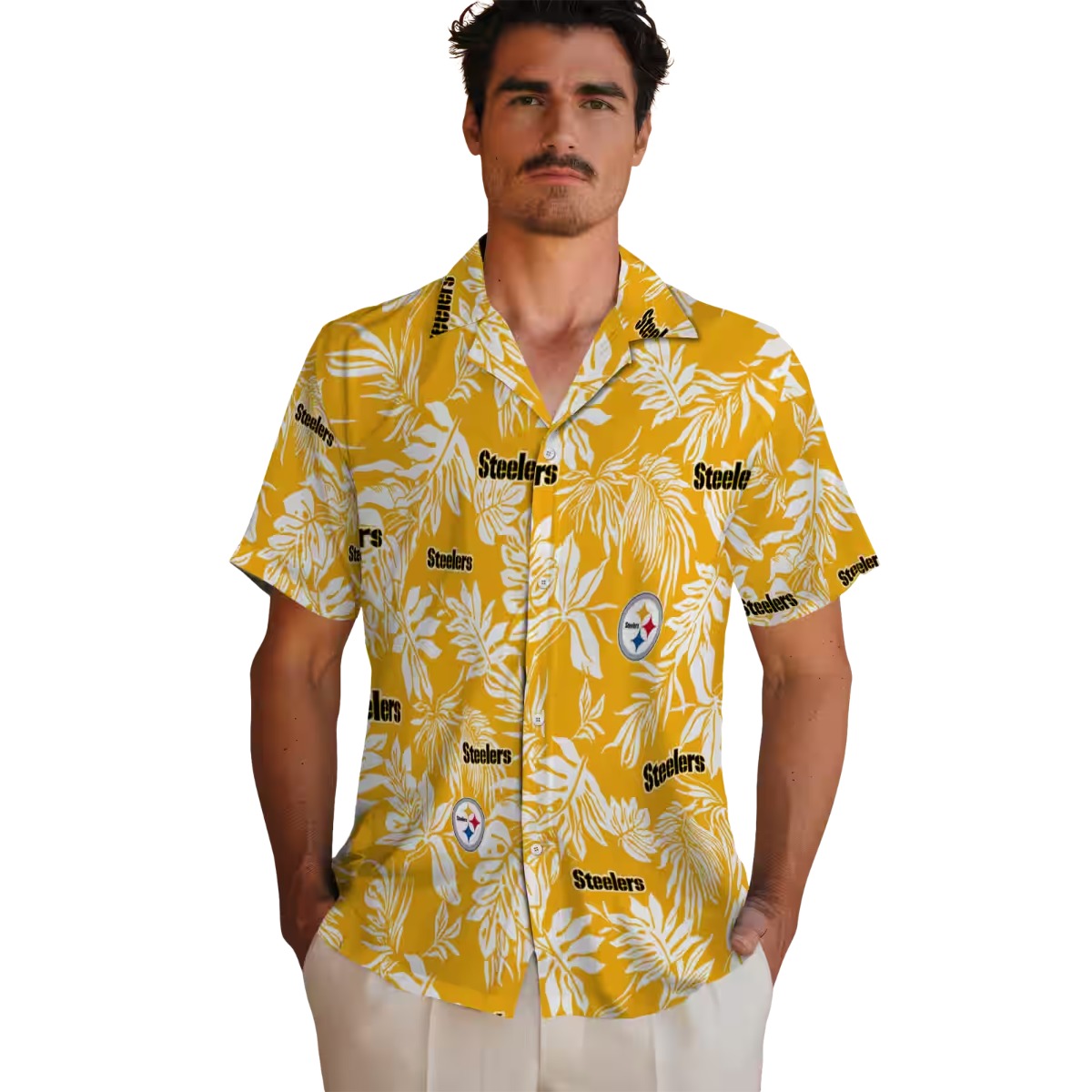 Pittsburgh Steelers Tropical Leaf Gold White Hawaiian Button-Down Shirt Unisex
