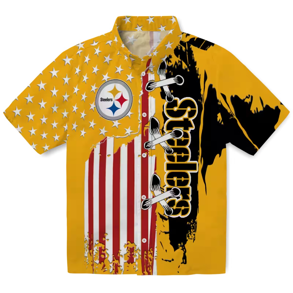 Pittsburgh Steelers Unisex Gold Hawaiian Shirt with Stitched Logo Text and Flag Design