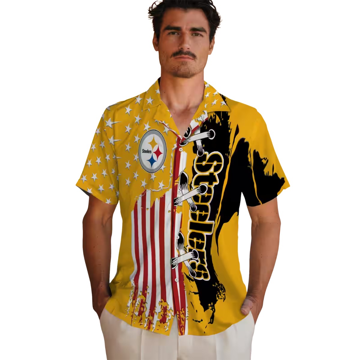 Pittsburgh Steelers Unisex Gold Hawaiian Shirt with Stitched Logo Text and Flag Design