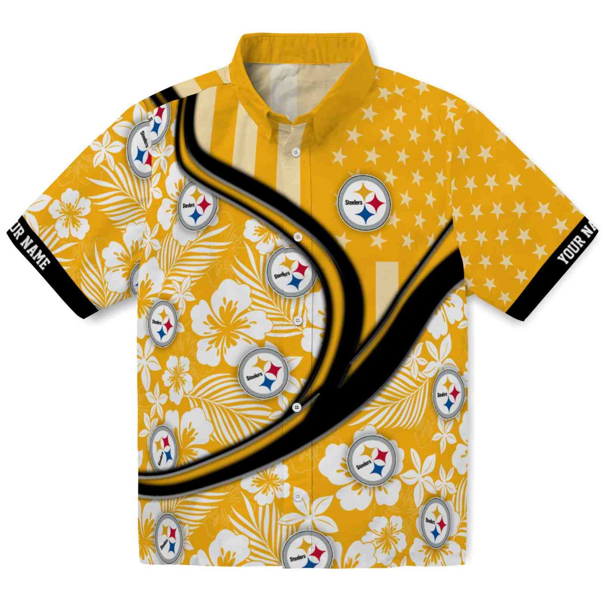 Pittsburgh Steelers Unisex Hawaiian Button Down Shirt Gold Floral Star Wave Customizable Name