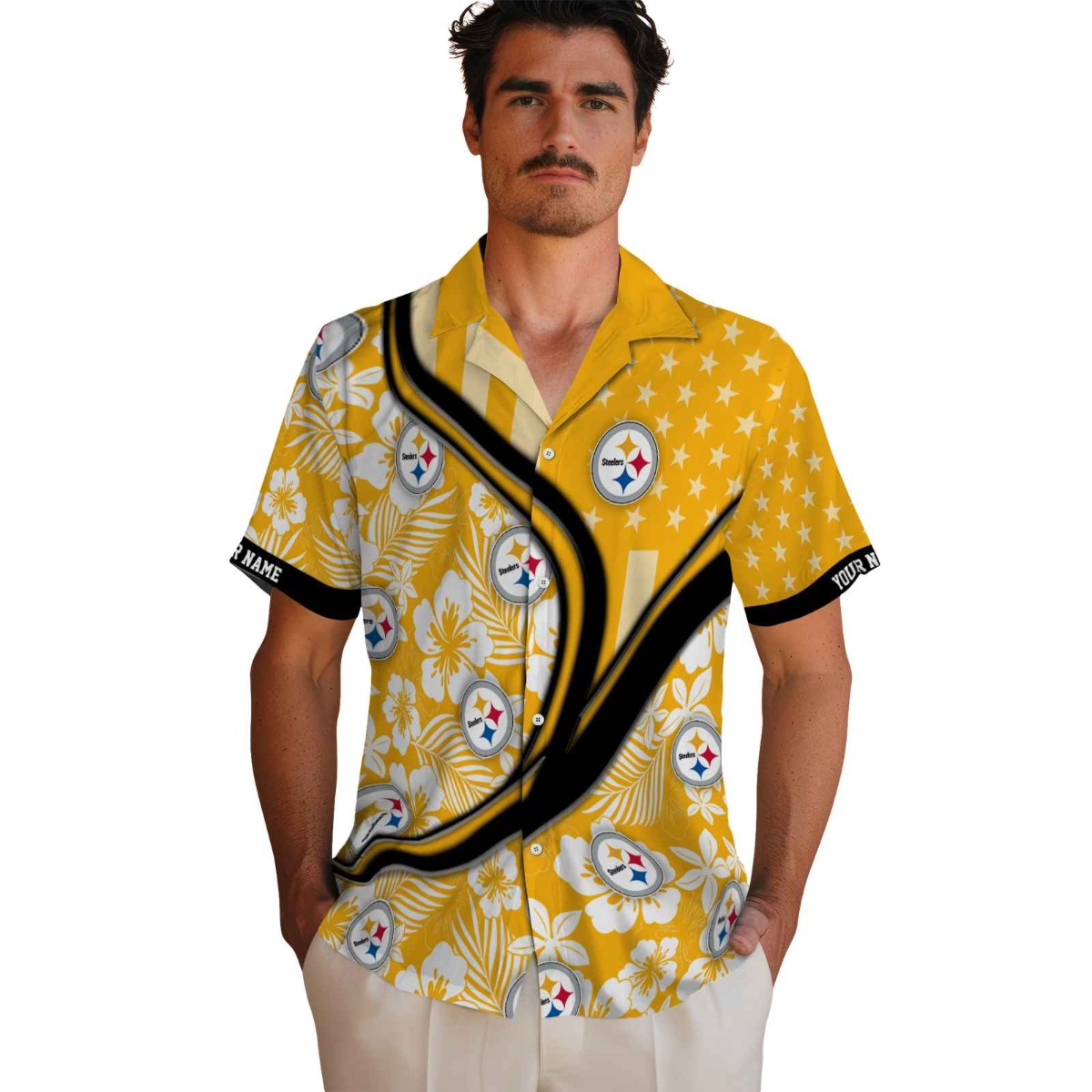 Pittsburgh Steelers Unisex Hawaiian Button Down Shirt Gold Floral Star Wave Customizable Name