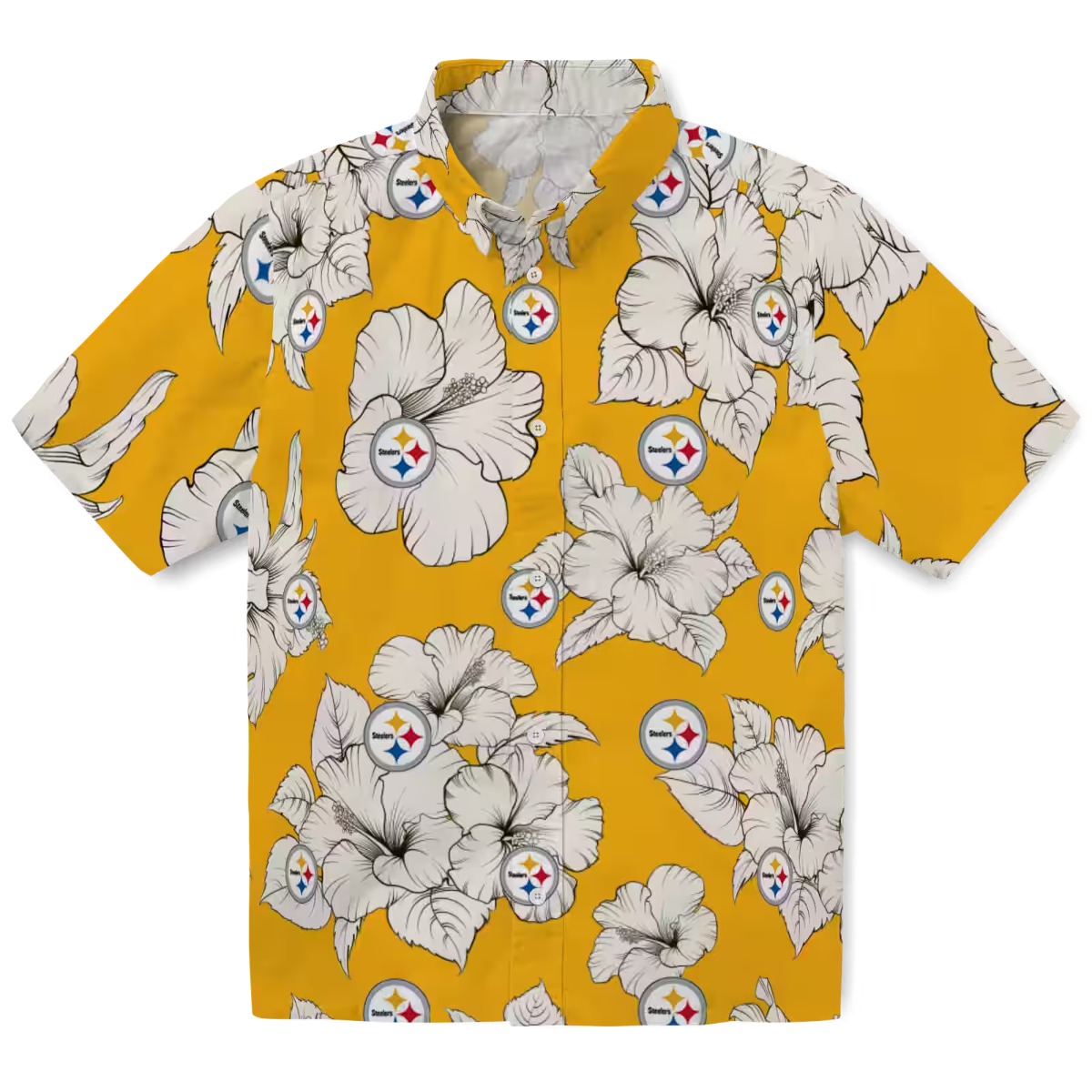 Pittsburgh Steelers Unisex Hawaiian Shirt - Gold Yellow Hibiscus Floral Button Down