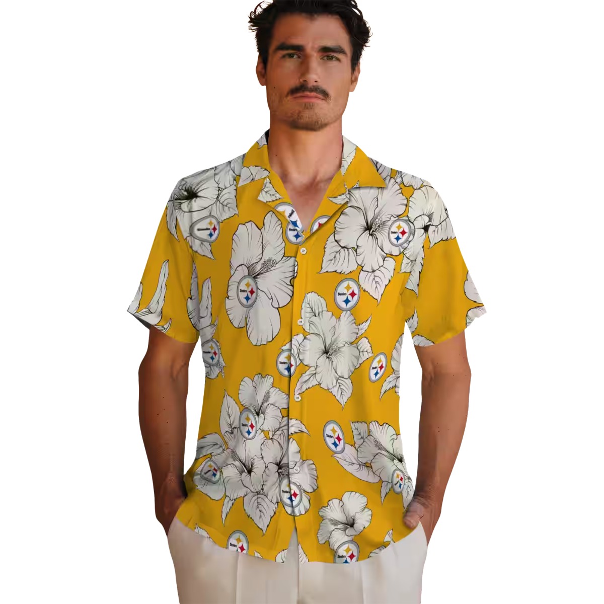 Pittsburgh Steelers Unisex Hawaiian Shirt - Gold Yellow Hibiscus Floral Button Down