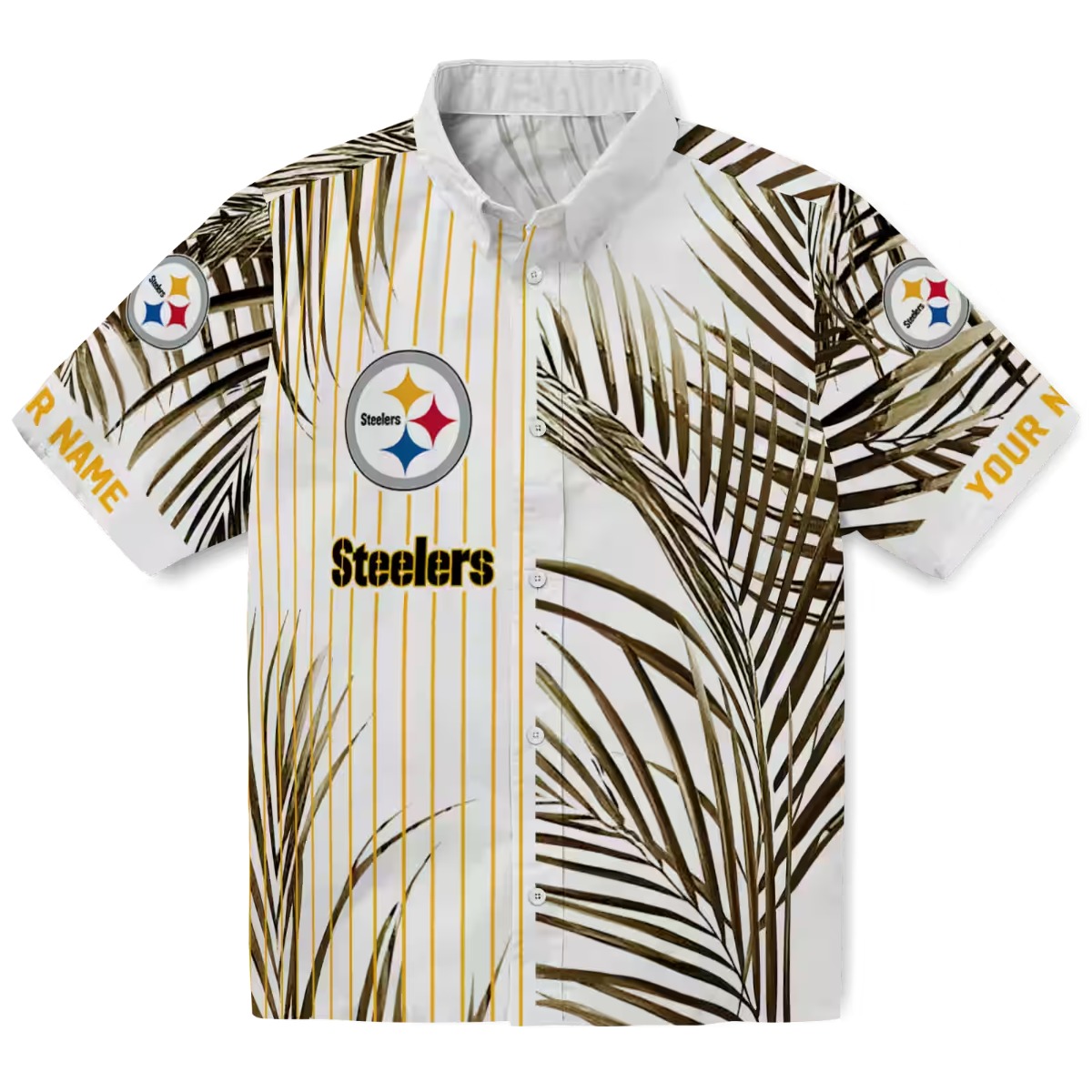 Pittsburgh Steelers Unisex Short Sleeve Button Down Hawaiian Shirt - Tropical Palm Leaf Vertical Stripe Split Design with Team Logo