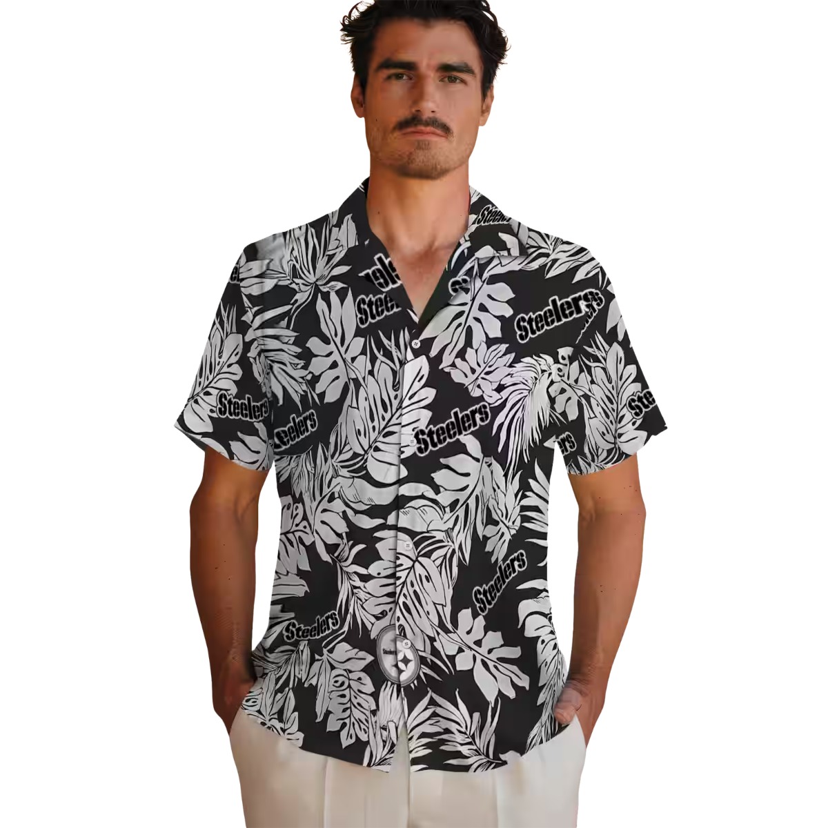 Pittsburgh Steelers Unisex Short Sleeve Hawaiian Shirt Black White Monstera Leaf Pattern Casual Button Down
