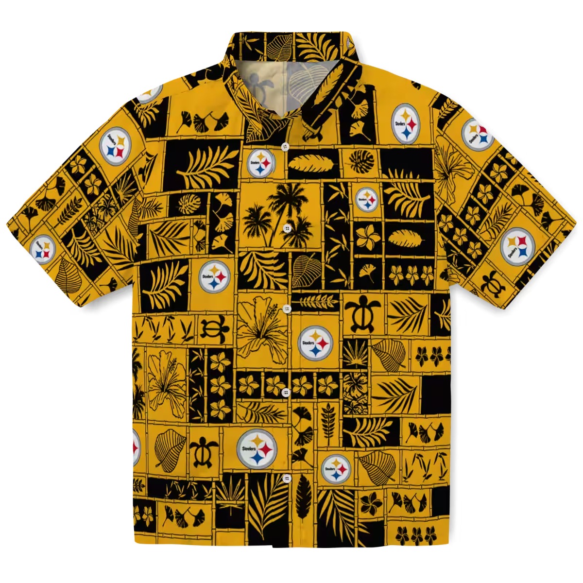 Pittsburgh Steelers Unisex Tropical Patchwork Hawaiian Shirt - Gold Black Palm Turtle Floral Print Casual Button-Down