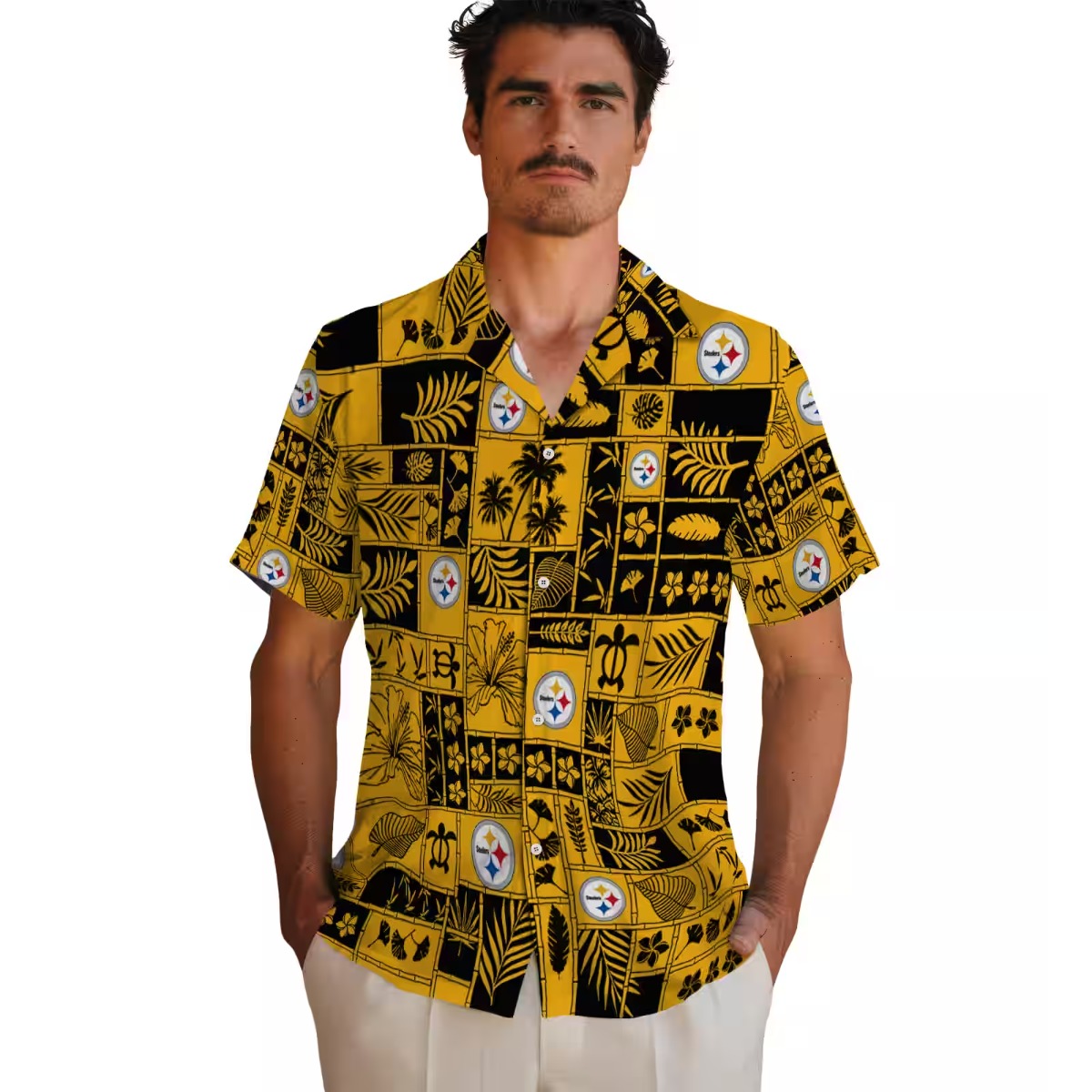 Pittsburgh Steelers Unisex Tropical Patchwork Hawaiian Shirt - Gold Black Palm Turtle Floral Print Casual Button-Down