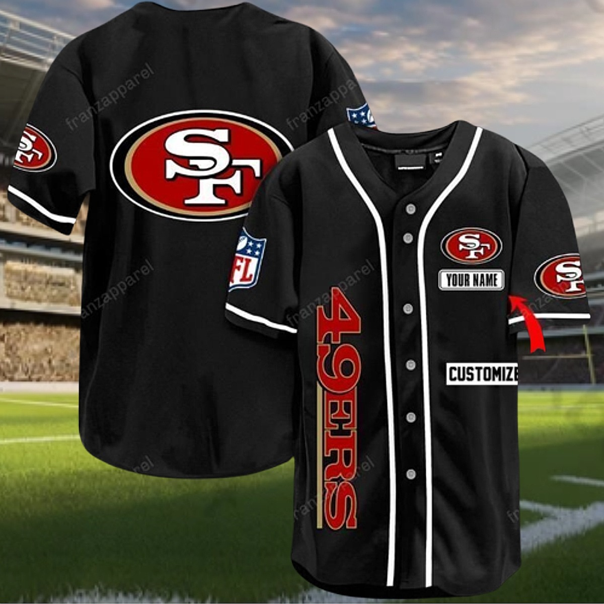 San Francisco 49ers Black Customizable NFL Baseball Jersey - Unisex Fan Button-Down Shirt