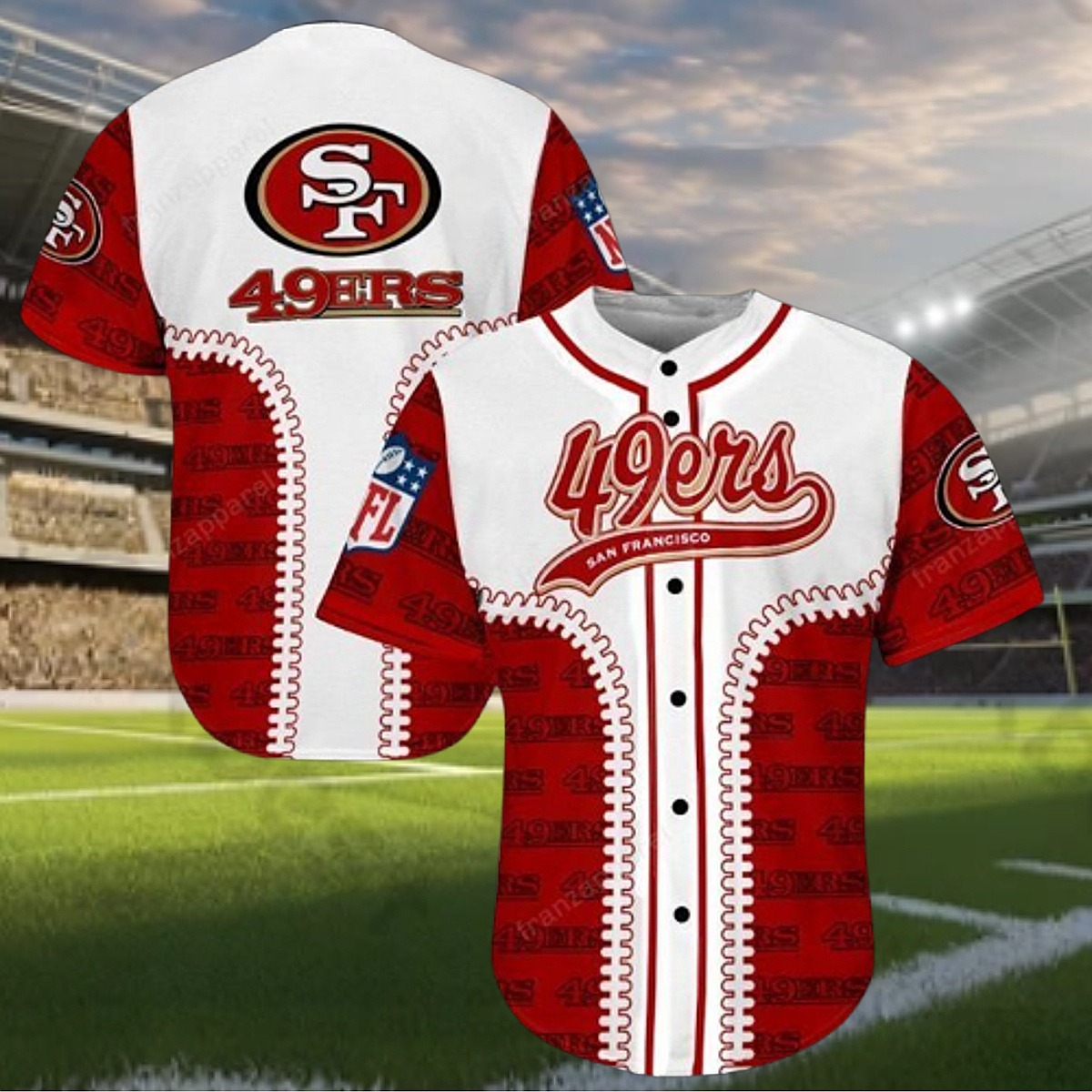 San Francisco 49ers NFL Unisex Baseball Jersey - Red White Full Button Game Day Fan Apparel with Script Logo Seam Detail