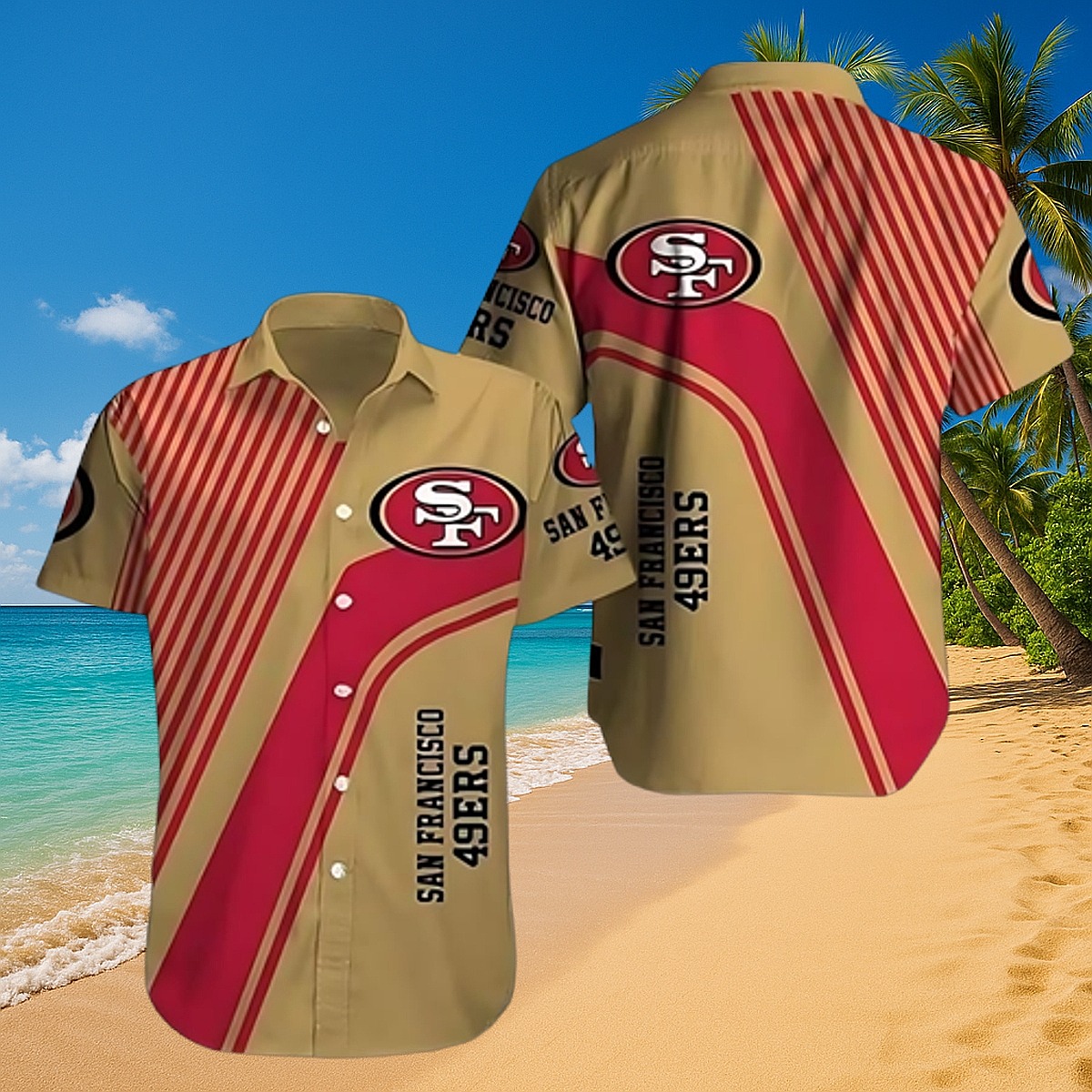 San Francisco 49ers Unisex Hawaiian Shirt - Red Gold Striped Team Logo Button-Down