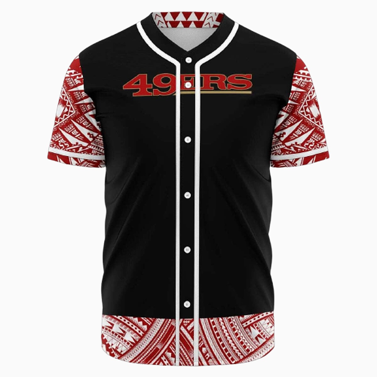 Unisex 49ERS Black Baseball Jersey with Red Polynesian Tribal Print - Fan Button-Down Shirt