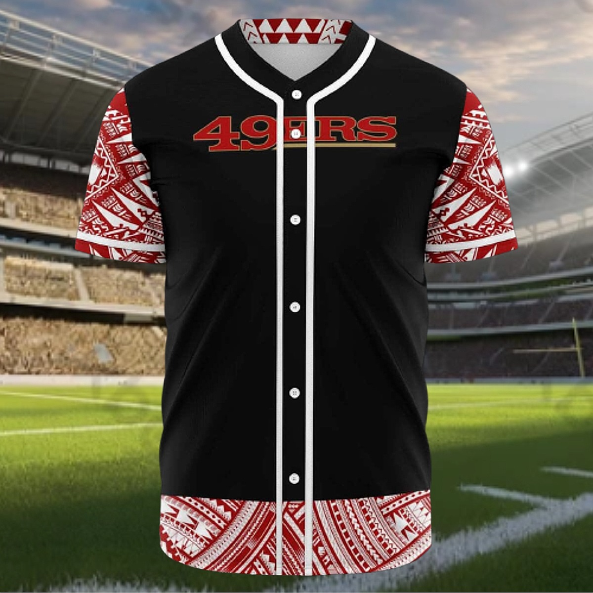 Unisex 49ERS Black Baseball Jersey with Red Polynesian Tribal Print - Fan Button-Down Shirt