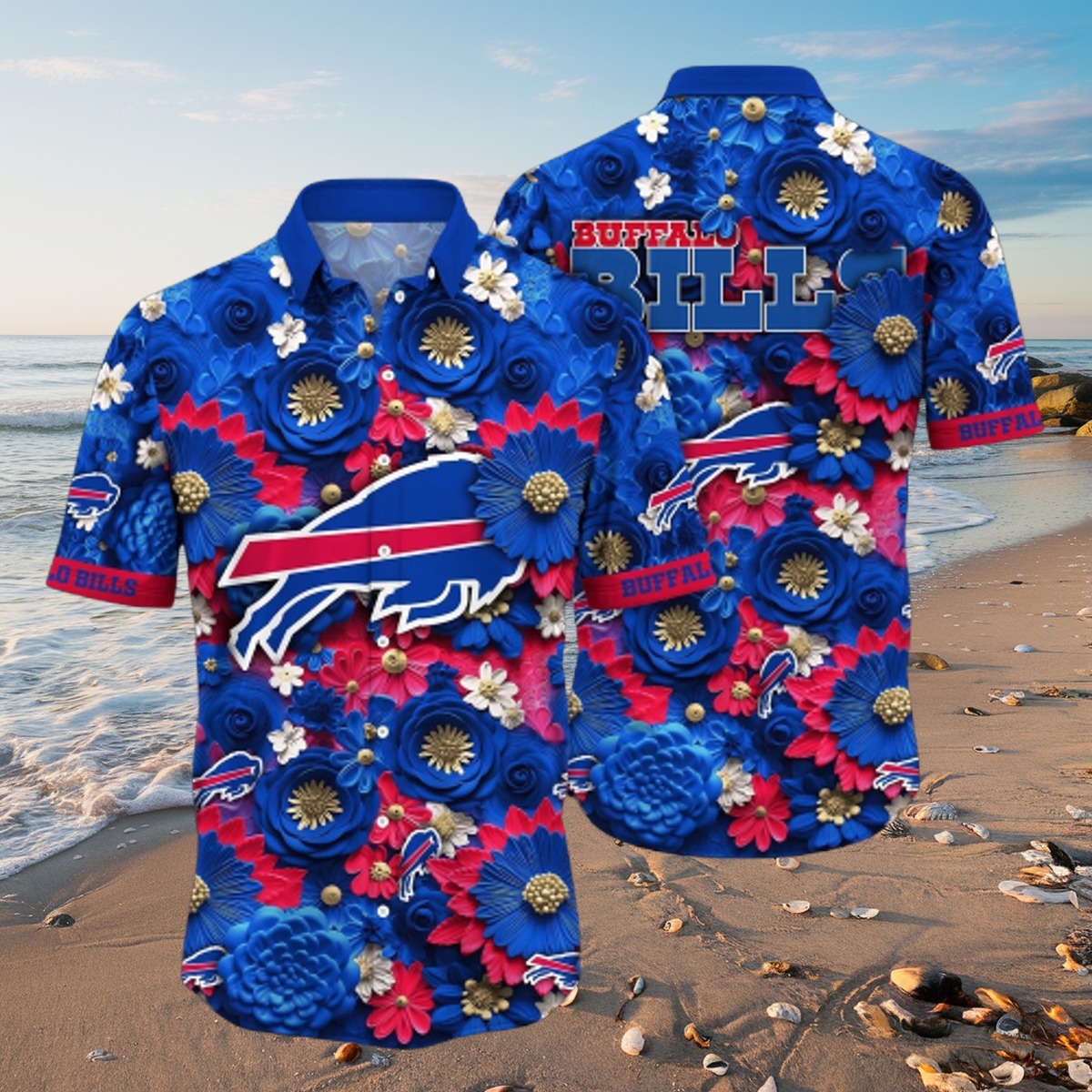 Unisex Buffalo Bills Floral Hawaiian Shirt - Blue Red White Flower Pattern Button-Down Short Sleeve for Summer
