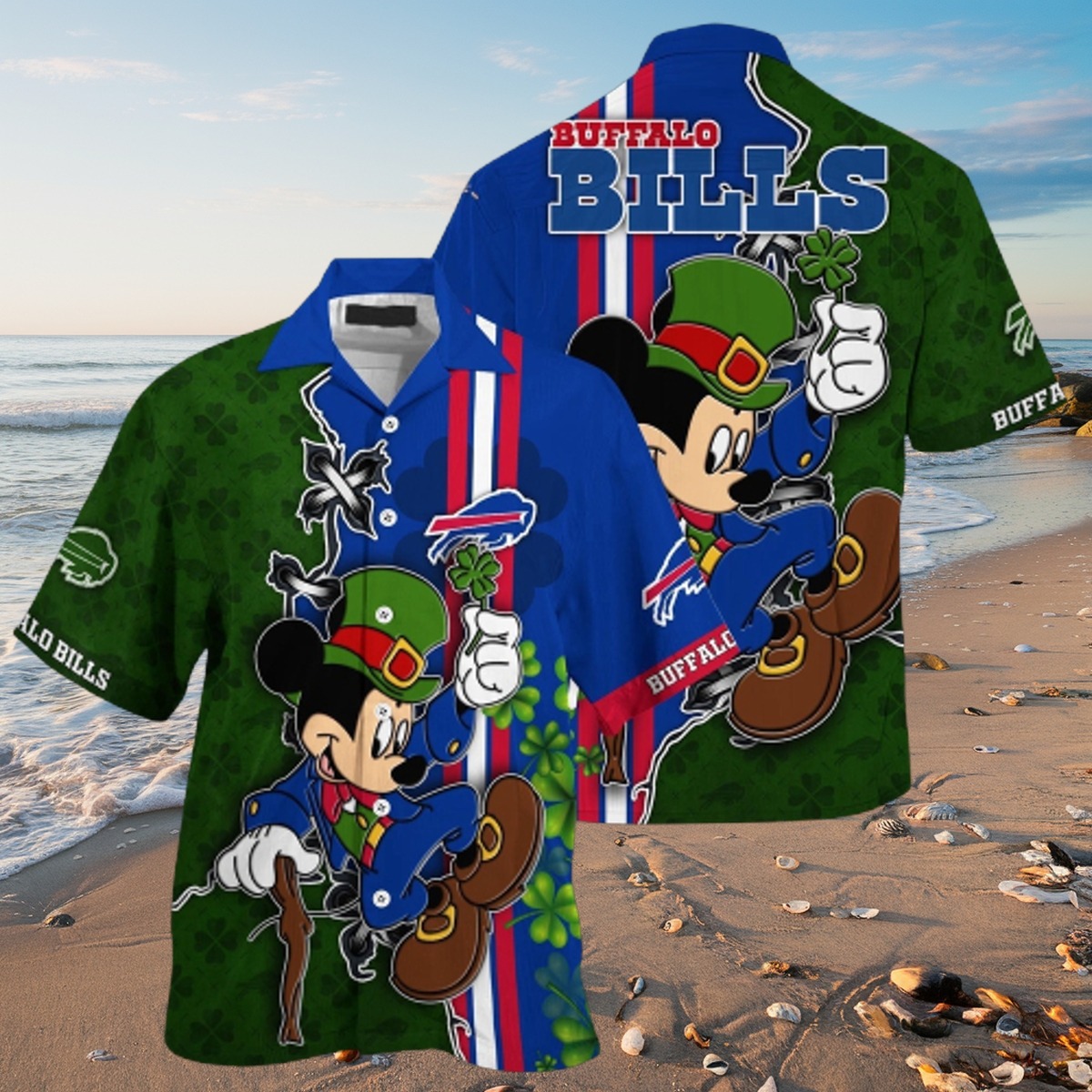 Unisex Buffalo Bills Hawaiian Shirt featuring Mickey Mouse as a Leprechaun - St Patrick s Day NFL Fan Button-Down
