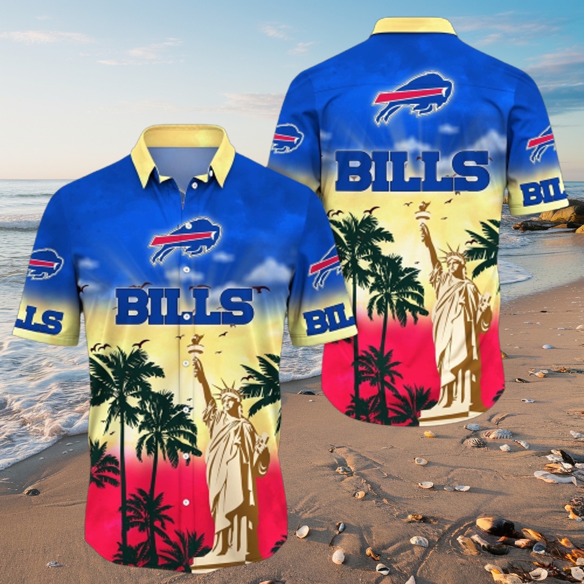 Unisex Buffalo Bills Hawaiian Shirt Statue of Liberty Palm Tree Tropical Beach Sunset Aloha Button-Down
