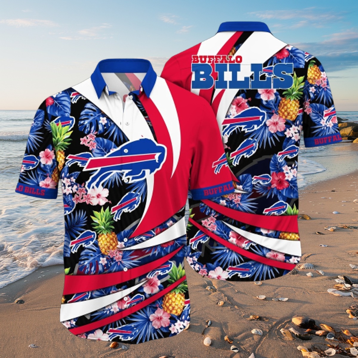 Unisex Buffalo Bills Hawaiian Shirt Tropical Floral Pineapple Print Button-Down Summer Casual Fanwear