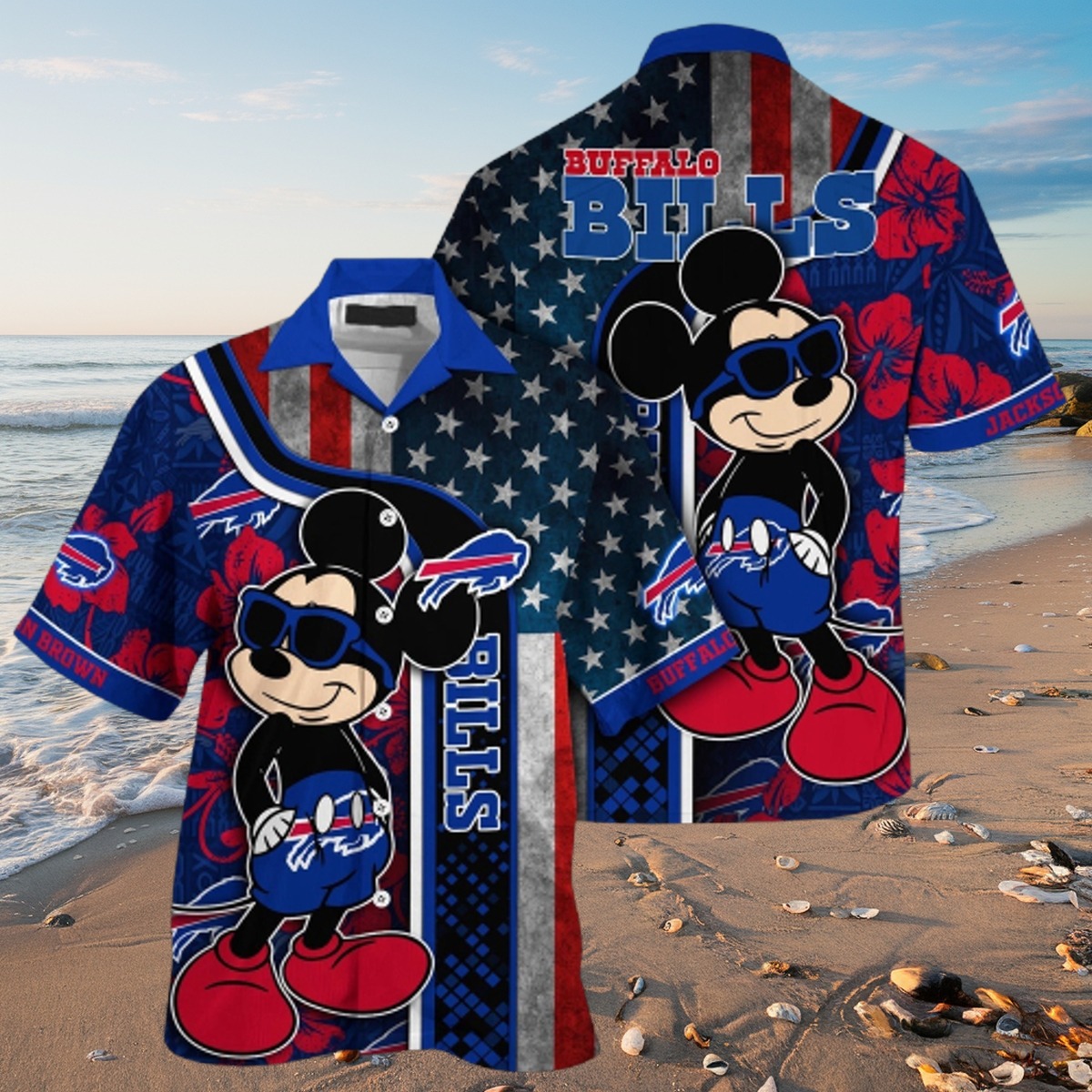 Unisex Buffalo Bills Hawaiian Shirt with Mickey Mouse, American Flag Tropical Floral Print - Short Sleeve Button-Down Aloha Shirt