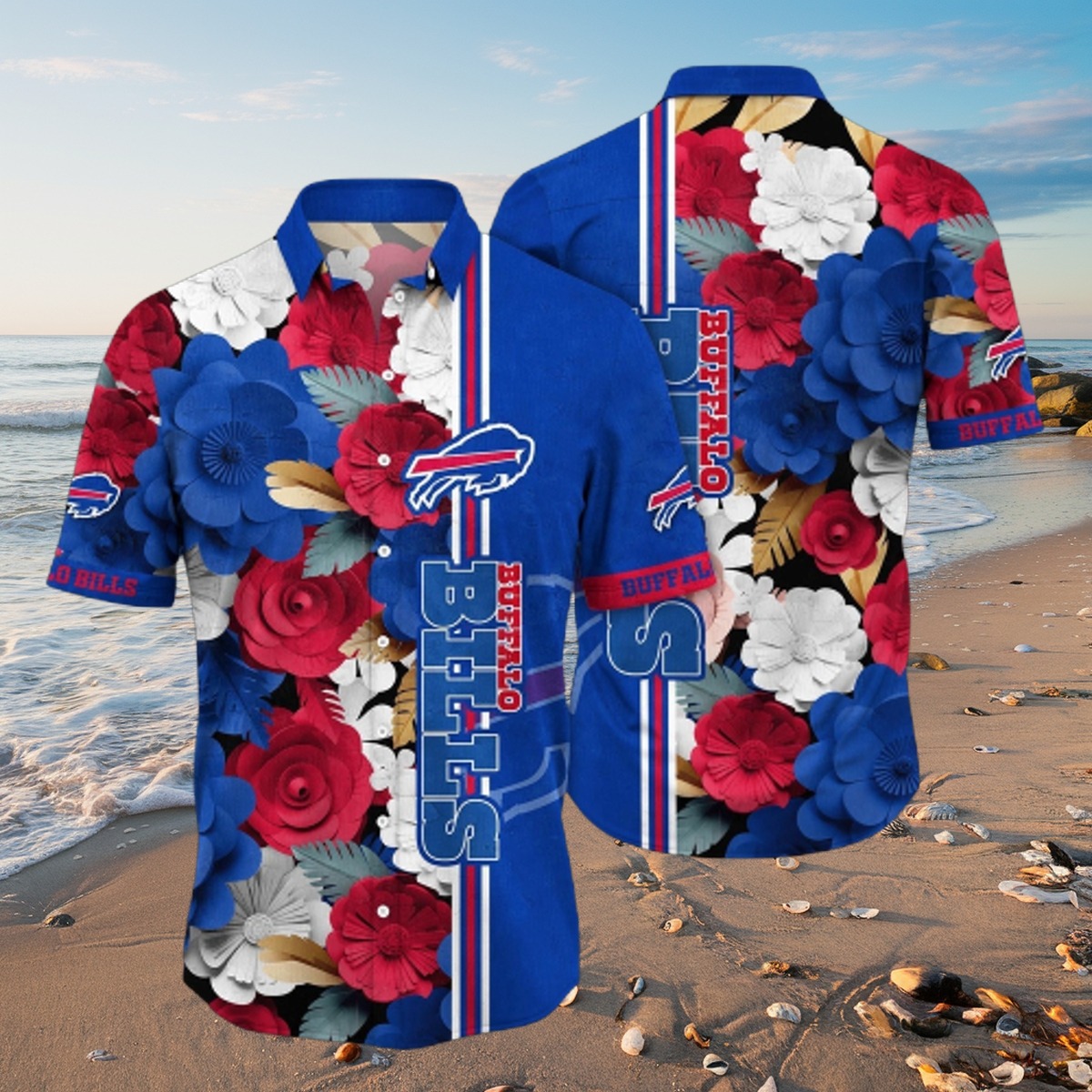 Unisex Buffalo Bills Hawaiian Shirt with Red White Blue Floral Tropical Print - Casual Button Down