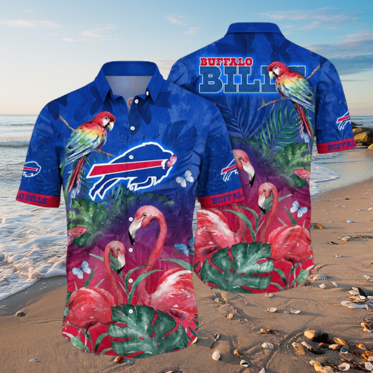 Unisex Buffalo Bills NFL Hawaiian Aloha Shirt with Tropical Flamingo and Parrot Print