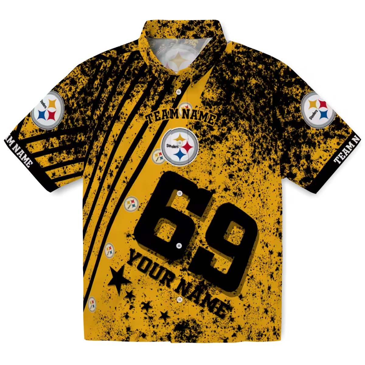 Unisex Custom Pittsburgh Steelers Hawaiian Button-Down Shirt - Gold Black Stripes Splatter Print with Name and Number
