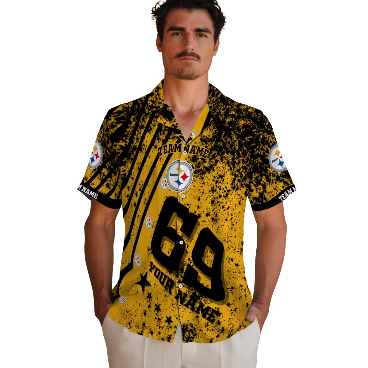 Unisex Custom Pittsburgh Steelers Hawaiian Button-Down Shirt - Gold Black Stripes Splatter Print with Name and Number