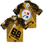 Unisex Custom Pittsburgh Steelers Hawaiian Button Down Shirt Gold Black Stripes Splatter Print With Name And Number 3 4298p.jpg - sohemix