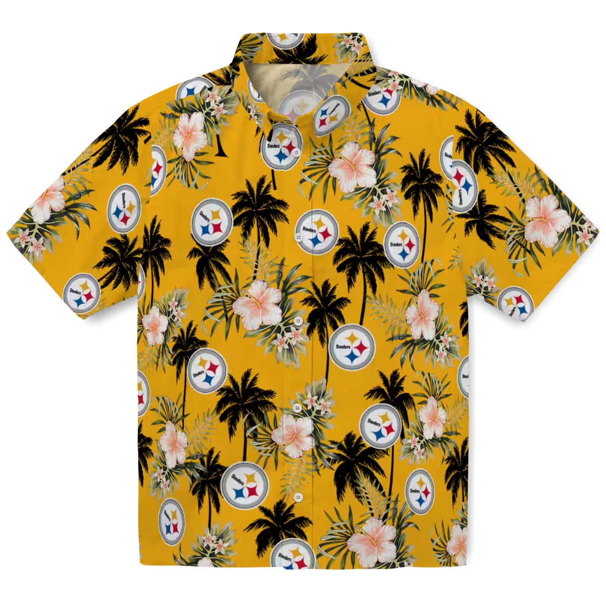 Unisex Gold Pittsburgh Steelers Hawaiian Button-Down Shirt with Tropical Palm Tree Floral Print