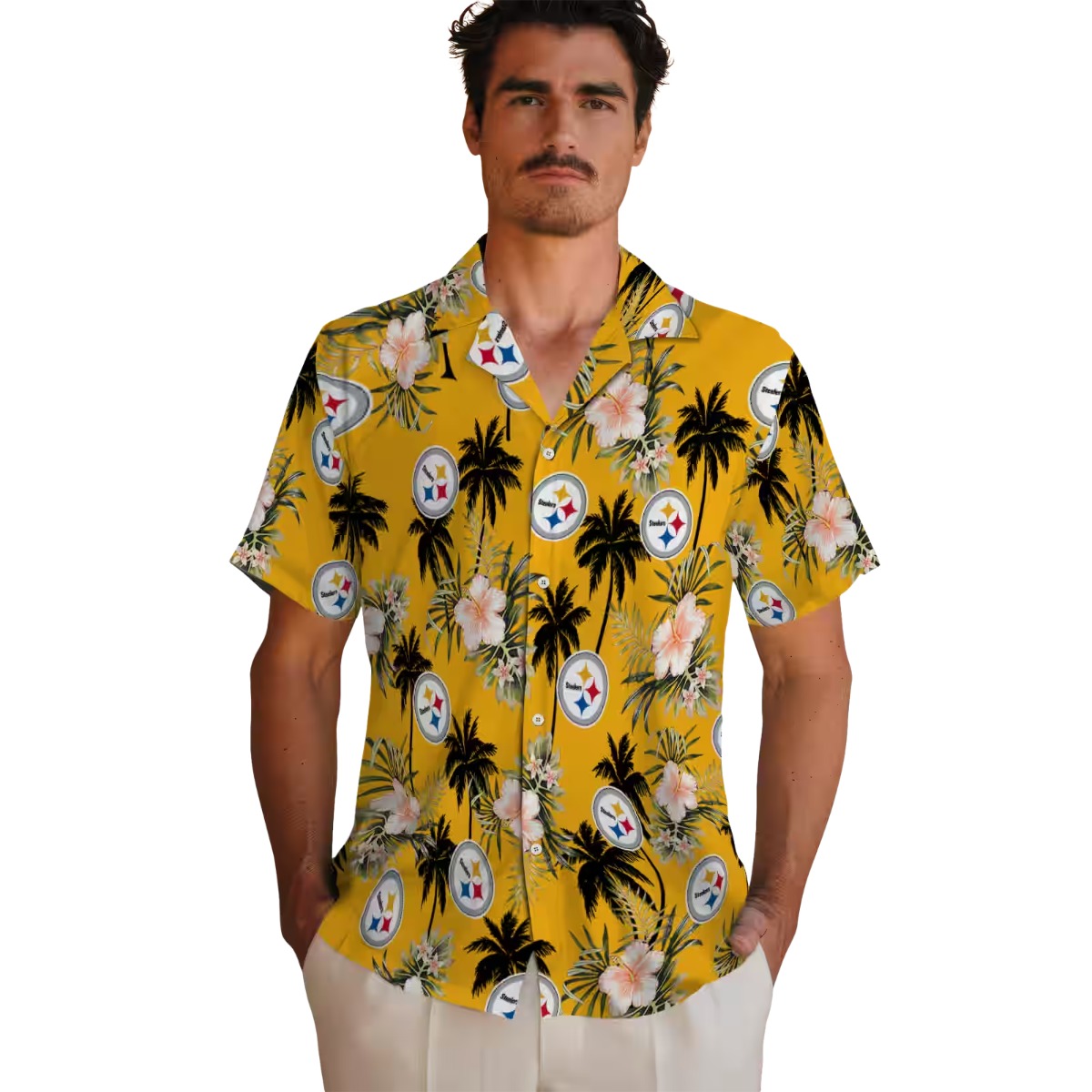 Unisex Gold Pittsburgh Steelers Hawaiian Button-Down Shirt with Tropical Palm Tree Floral Print