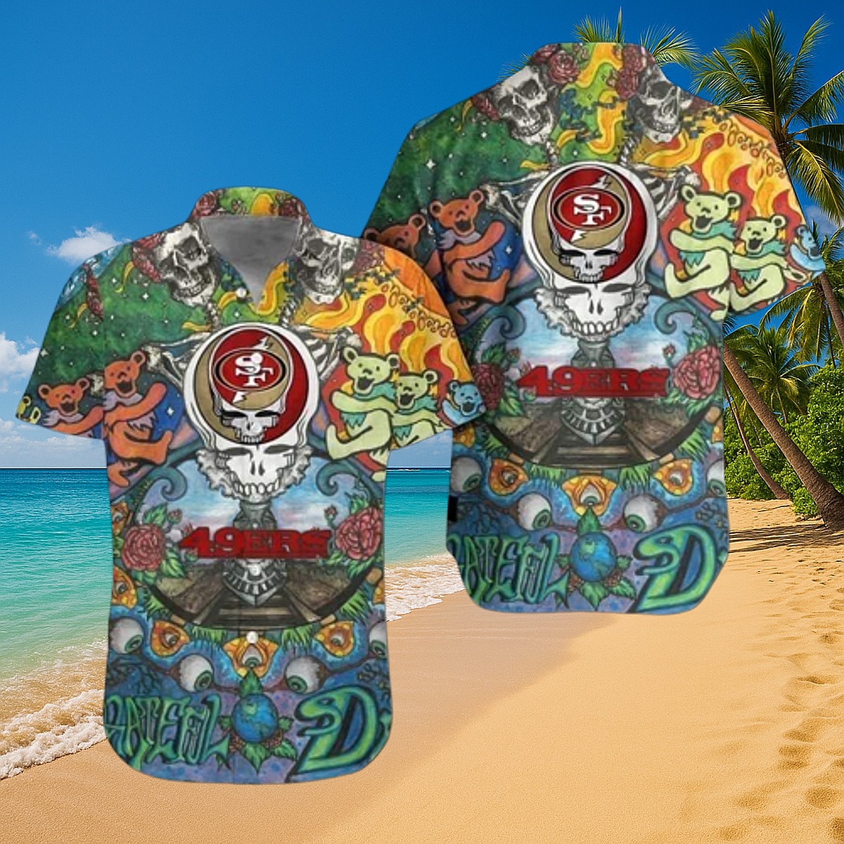 Unisex Grateful Dead San Francisco 49ers Hawaiian Shirt - Steal Your Face Skull Dancing Bears Psychedelic Print