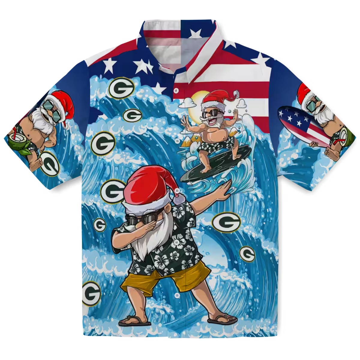 Unisex Green Bay Packers Christmas Hawaiian Shirt with Surfing Dabbing Santa Claus American Flag Print - Short Sleeve Button Down