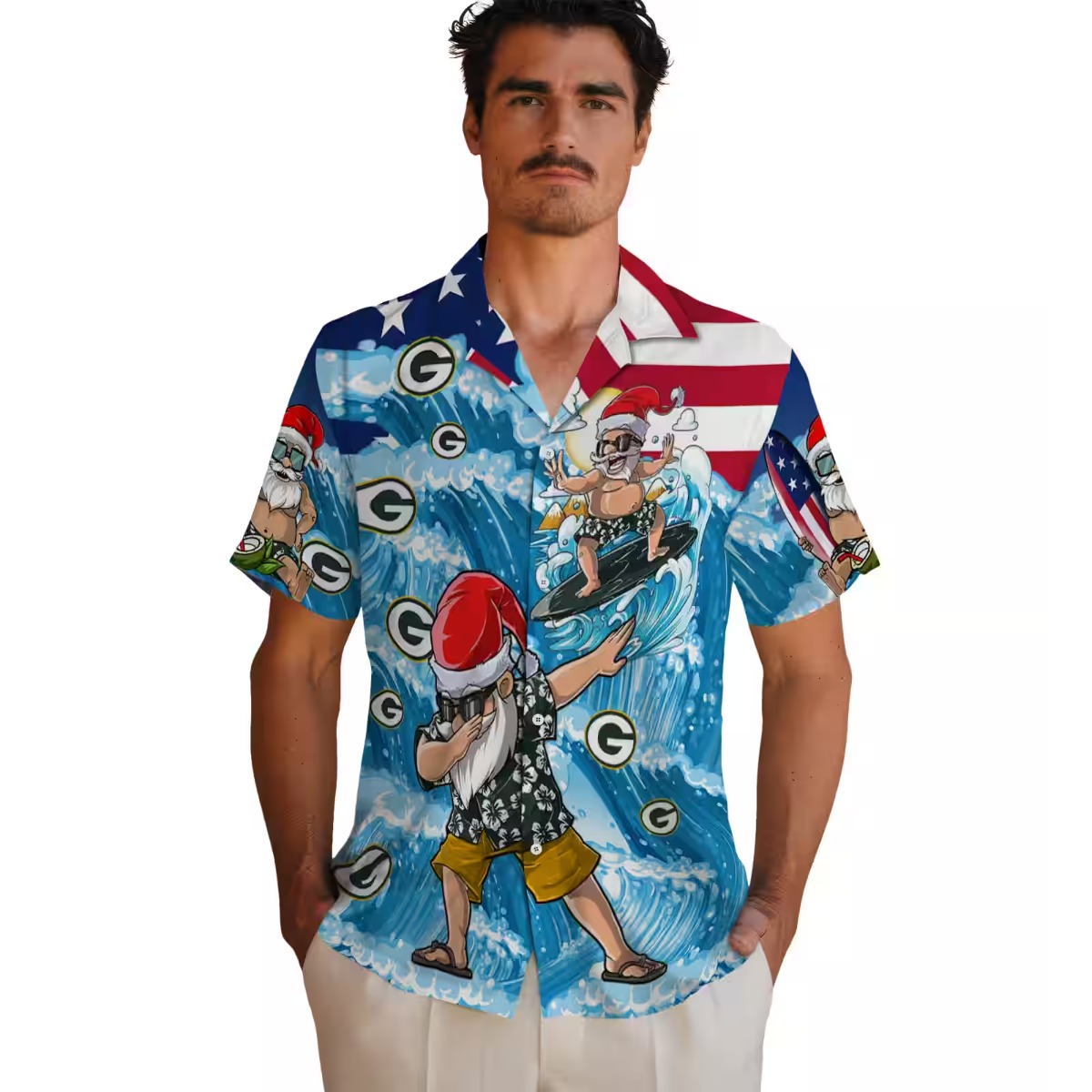 Unisex Green Bay Packers Christmas Hawaiian Shirt with Surfing Dabbing Santa Claus American Flag Print - Short Sleeve Button Down