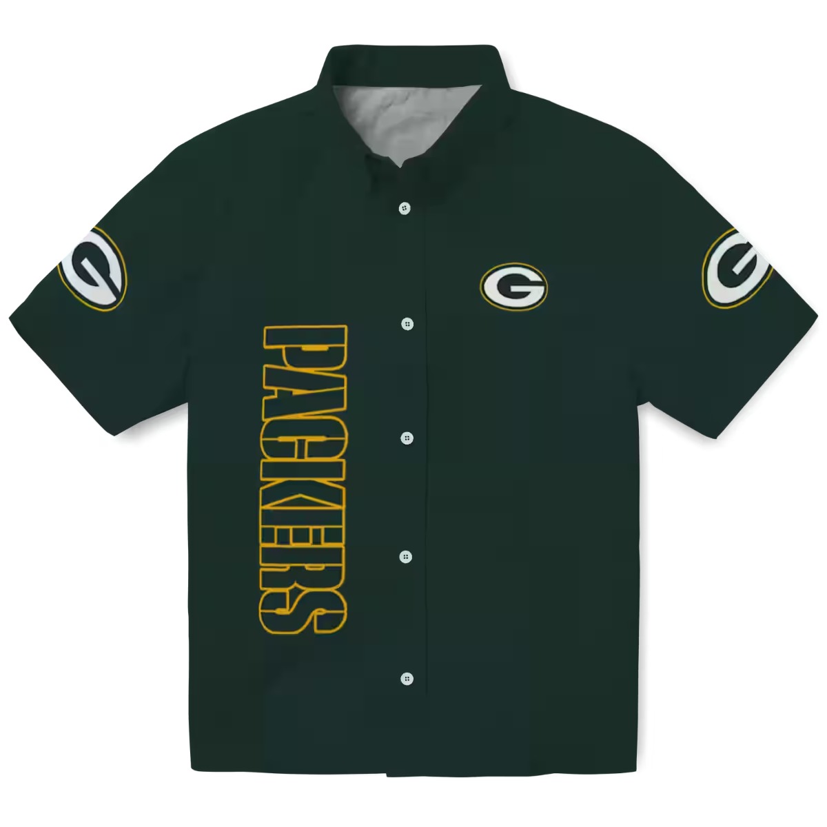 Unisex Green Bay Packers Dark Green Button-Down Shirt with Team Logo and Vertical Text