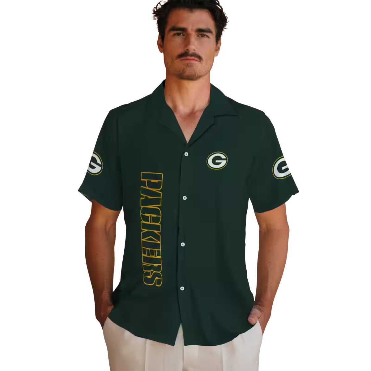 Unisex Green Bay Packers Dark Green Button-Down Shirt with Team Logo and Vertical Text