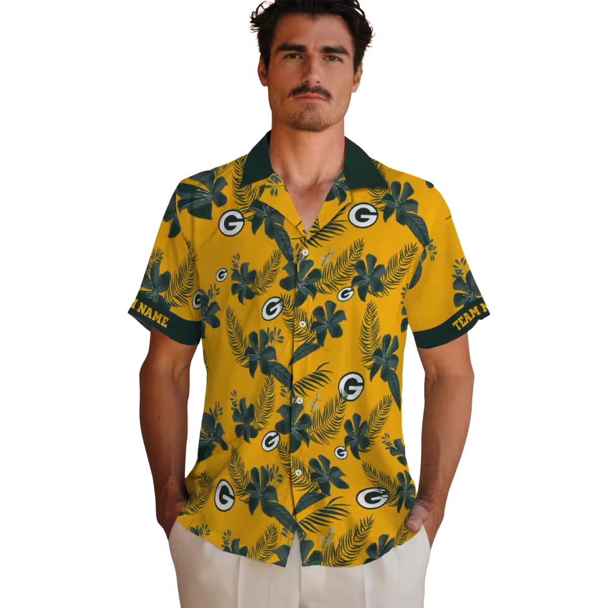 Unisex Green Bay Packers Gold Tropical Floral Leaf Print Hawaiian Button-Down Shirt