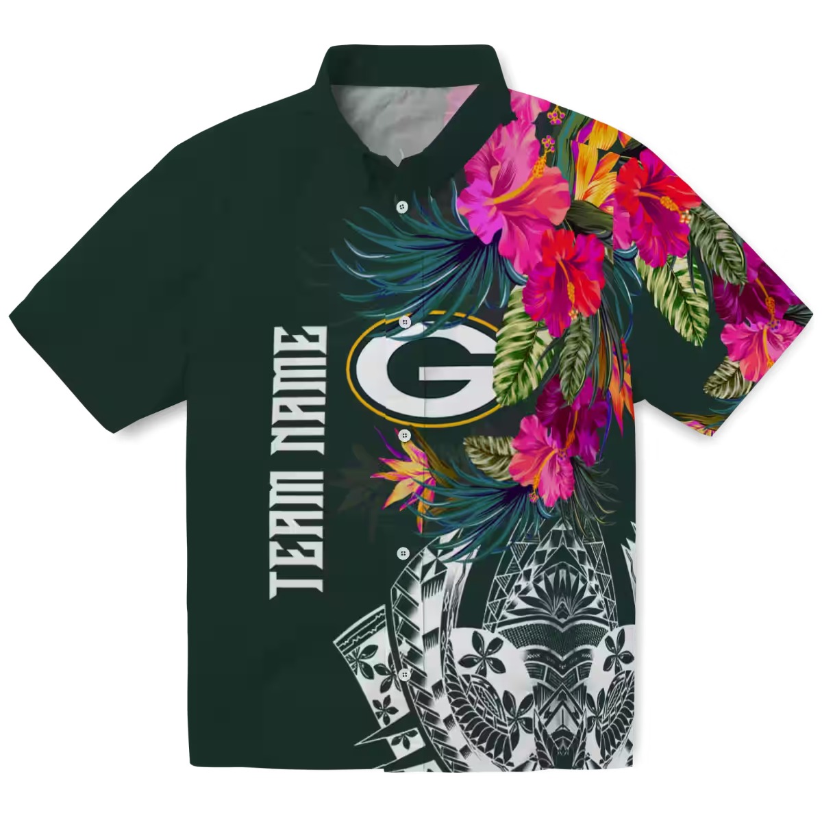 Unisex Green Bay Packers Green Hawaiian Shirt - Tropical Floral Polynesian Tribal Print Button-Down
