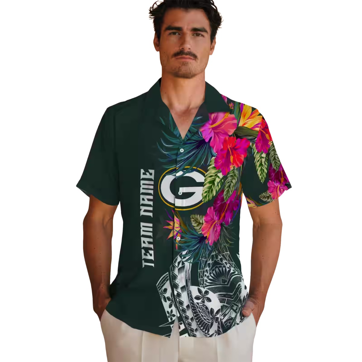 Unisex Green Bay Packers Green Hawaiian Shirt - Tropical Floral Polynesian Tribal Print Button-Down